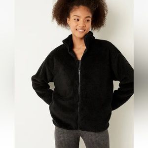 Pink Victorias Secret black Sherpa soft teddy full zip up jacket w/pockets sz S